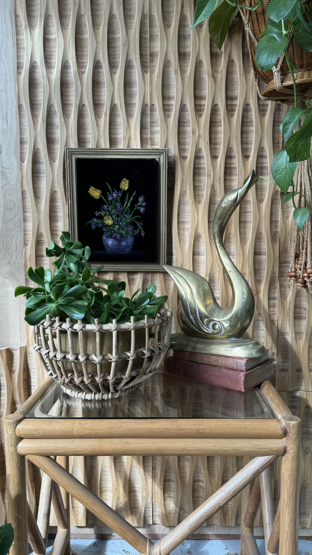 Vintage Woven Bentwood Rattan Basket Fisherman Plant Holder Pot Boho Rustic Eclectic Decor Coastal