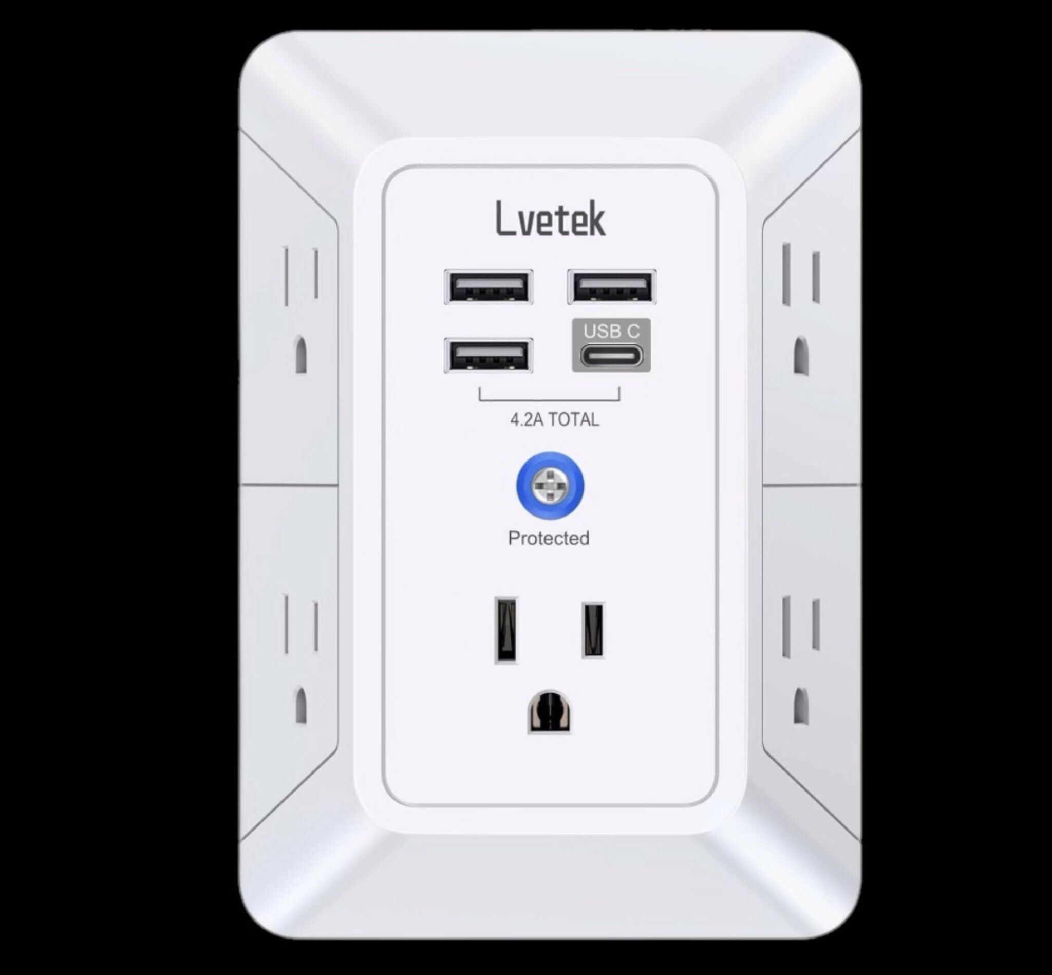 Multi Plug Outlet Surge Protector Wall Charger with 5 Outlets 4 USB Ports , USB-C  & USB-A Port - for Cellphones, iPhones , Laptop, Electronic Devices