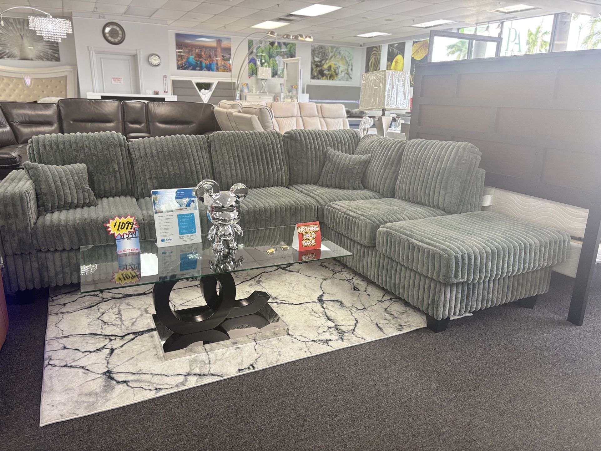Gray Plush Fabric L- Shaped Sectional W/ Cup Holders For Sale (we Deliver)