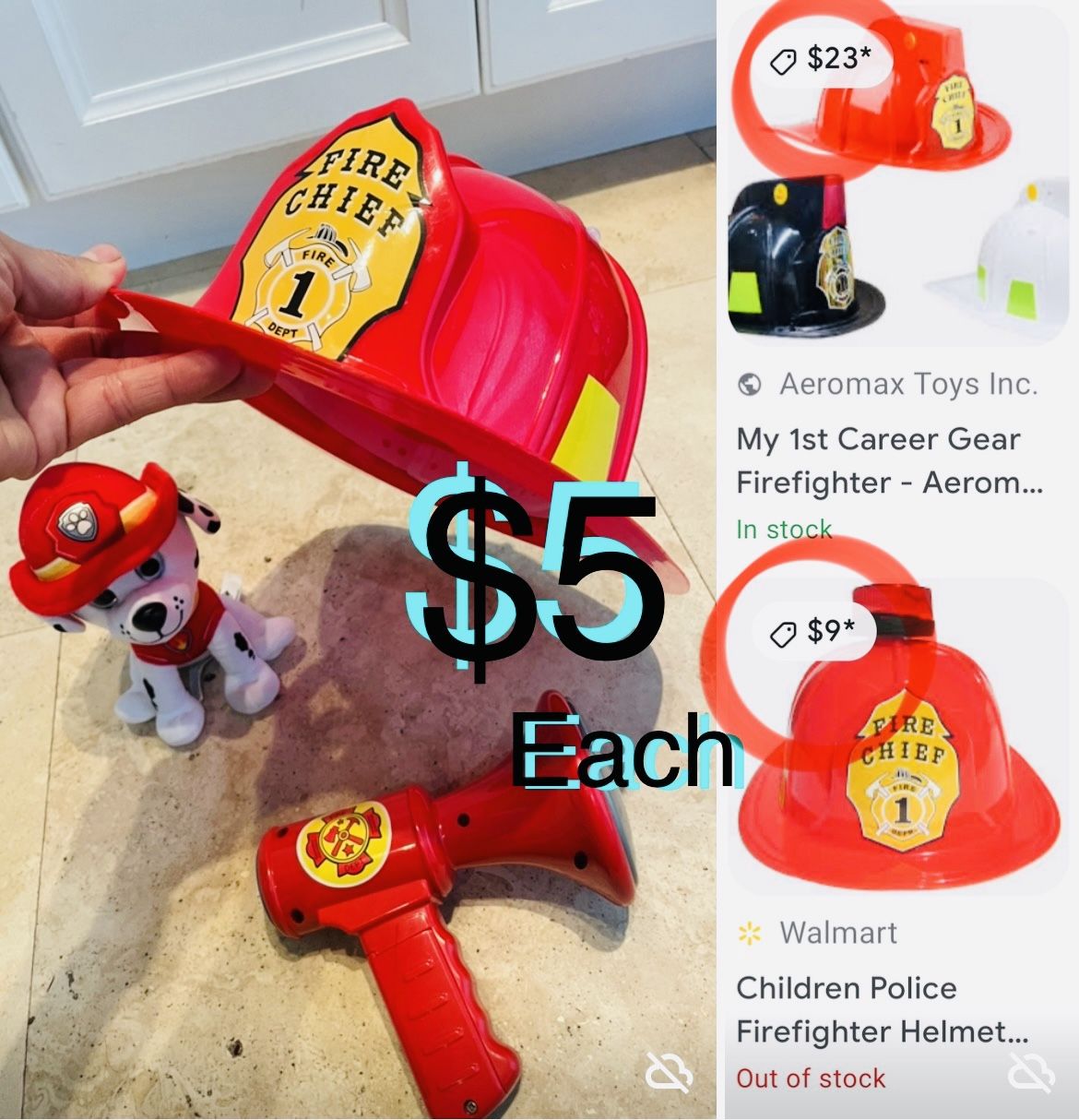 $5 each Fire fighter π§βπ Helmet and more Batteries included one size Fit All original,paw πΎ patrl