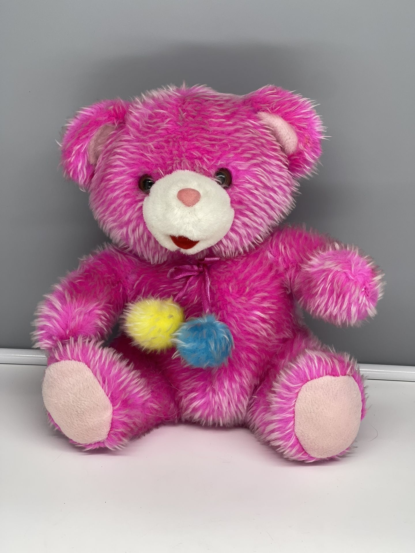 Pre-loved Bears R Us frosted pink teddy bear Pom Poms hanging from neck RARE