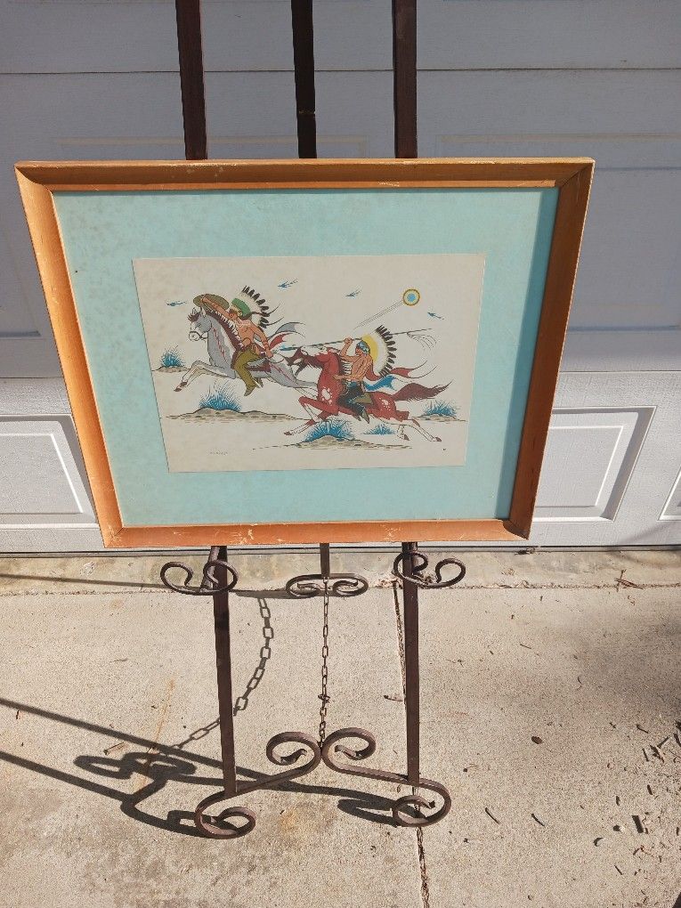 Vintage Framed 1950s Mid Centiry 2 Native American Warriors On Horseback Serigraph Print Signed Acee Blue Eagle
