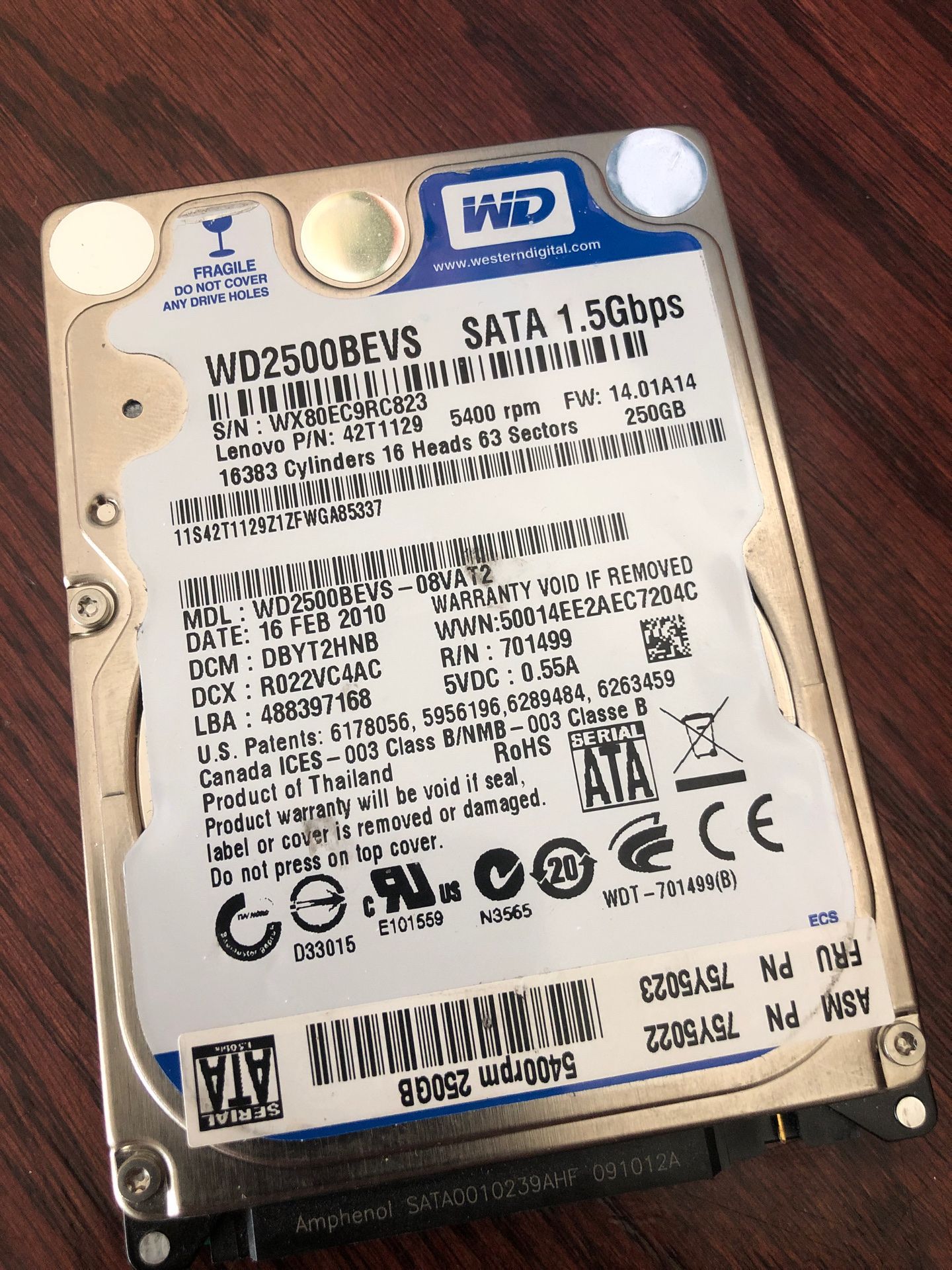 250GB SATA laptop hard drive