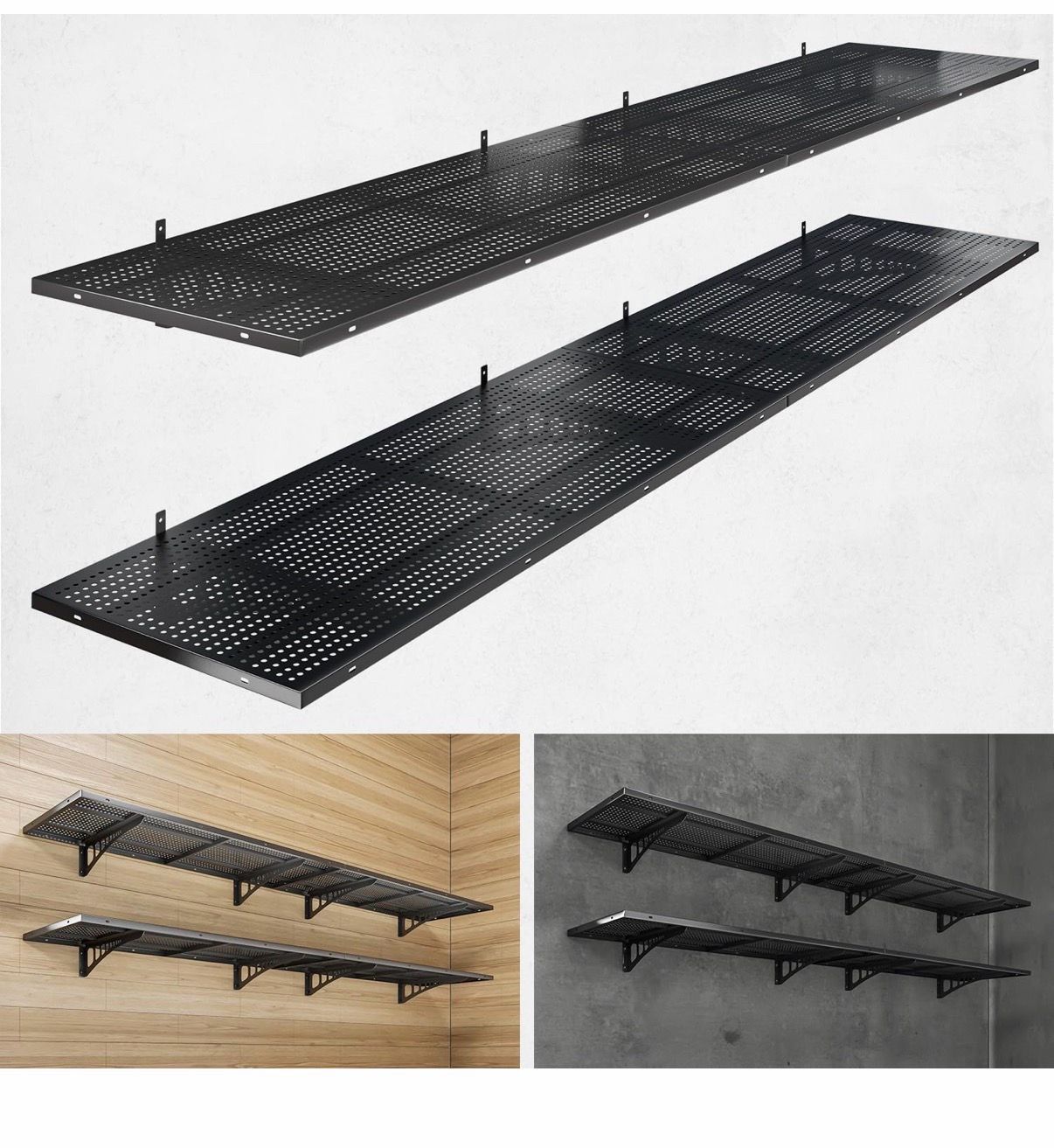 4-Pack 1.5x4ft Heavy Duty Garage Wall Shelving, 1000 lbs Load Capacity, Garage Shelving Wall Mounted, Storage Rack with Hooks, Black