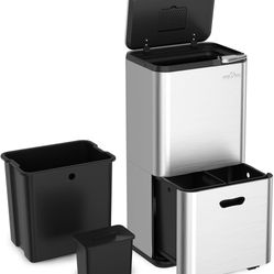 16 Gal Stainless Steel Trash Can Kitchen, Dual Compartments (32L+28L) for Recycling and Trash, Heavy Duty Garbage Can for Home Office Yard (Gray)