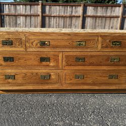 Henredon Campaign Style 7 Drawers Compact 64" Long Dresser Credenza Brass