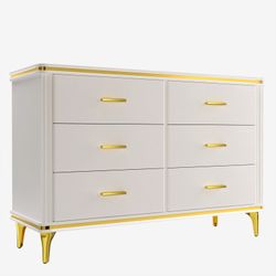 47“ White Dresser with 6 Drawer, Modern Dresser, Easy to Match Design,White and Gold