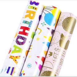 Birthday Wrapping Paper Rolls -3 LARGE ROLL-27inch*78 inch per roll Colorful Foil wrapping paper (Birthday 3 White/Colorful （014）