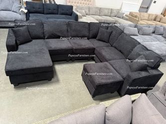 NEW Large U Shape Sectional Sofa and Reversible Left Right Chaise with Ottoman Set BLACK Chenille Fabric Ashley Style BIG Seccional COUCH SALE Grey