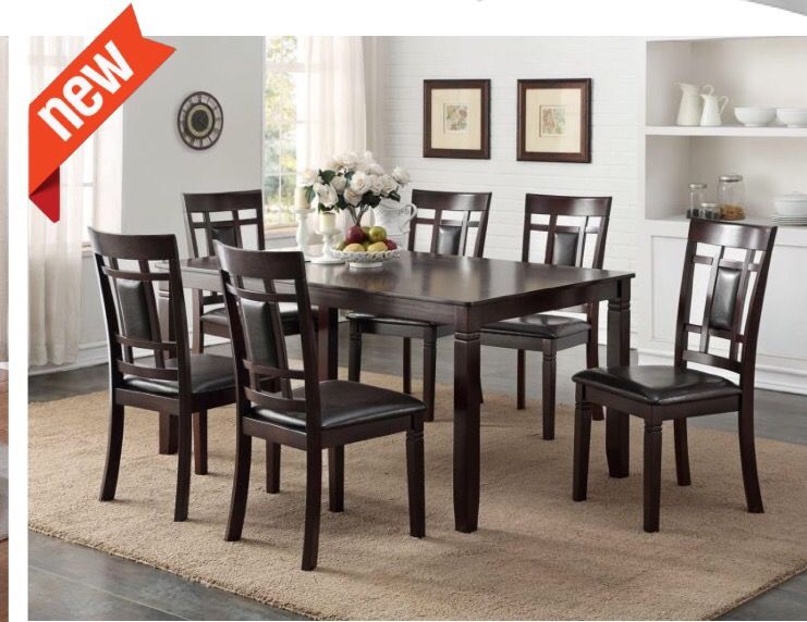 7 PCS ESPRESSO COLOR 60" LONG DINING SET WITH 6 CHAIRS NEW