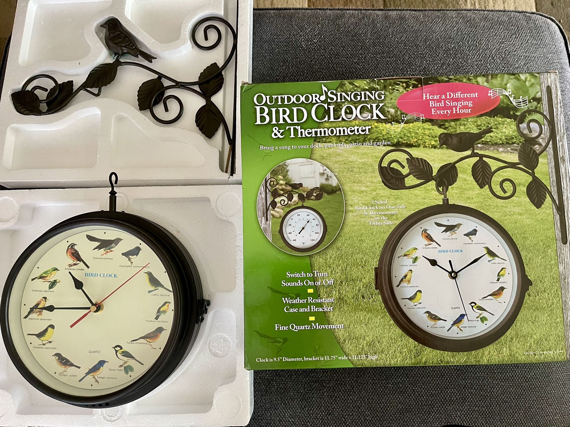 Outdoor singing bird clock and thermometer