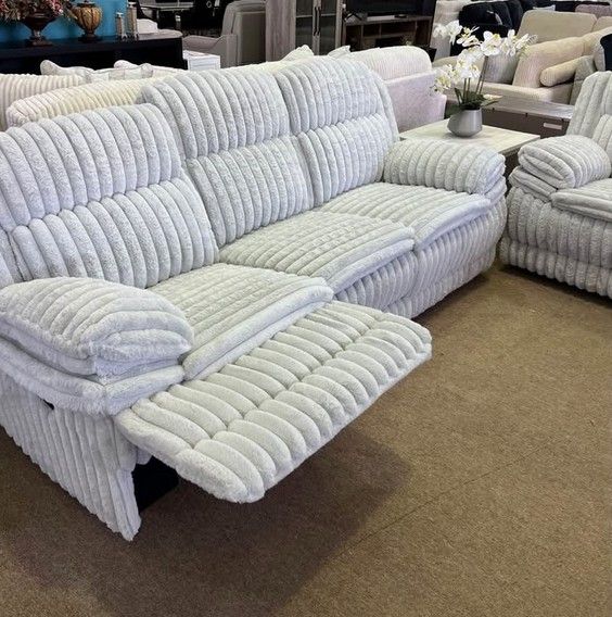 Plush recliner sofa and loveseat light gray corduroy