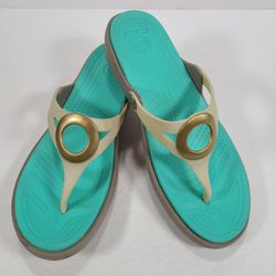 Crocs Sanrah Circle Wedge Aqua Tan Sandals Women's Size 7