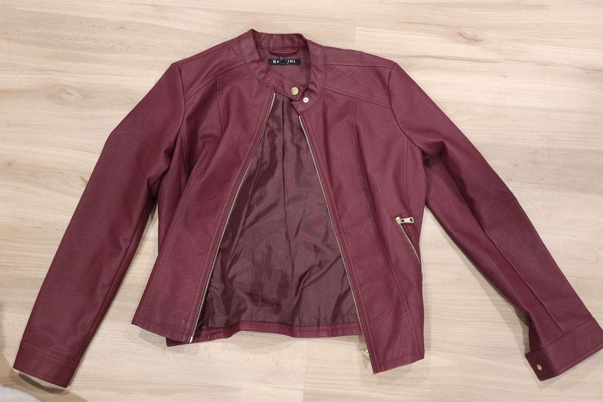 Burgundy Leather Jacket With Gold Zipper 