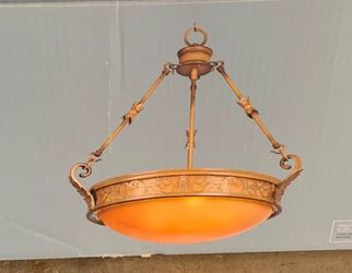 Ornate Pendant Chandelier with Amber Glass Bowl