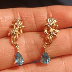 14k Gold Agua Marine And Diamond Earrings 