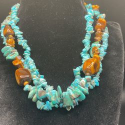 16” Triple Strand Genuine Turquoise And Tiger’s Eye Stone Necklace With Sterling 925 Clasp