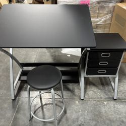 Drafting Desk, Drawing Table for Artists/Adults, Art Desk w/Stool and 3 Slide Drawers, Painting Studio Design Work Station, Adjustable Tabletop, Moder