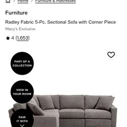 Macy's Radley Sectional Sofa In Gray For $700 cash