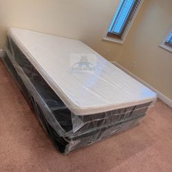 Queen mattress pillow top set with box spring (2pc - new) 