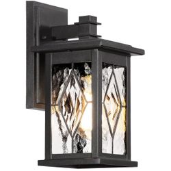 New 14.5” Outdoor Wall Sconce Light Matte Black Water Ripple Handmade Glass Shade Waterproof Outdoor