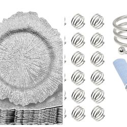 24 Set Charger Plates with Napkin Rings Bulk 13 inch Plastic Round Decorative Charger Plate Metallic Reef Design Charger Plate Serving for Wedding Din
