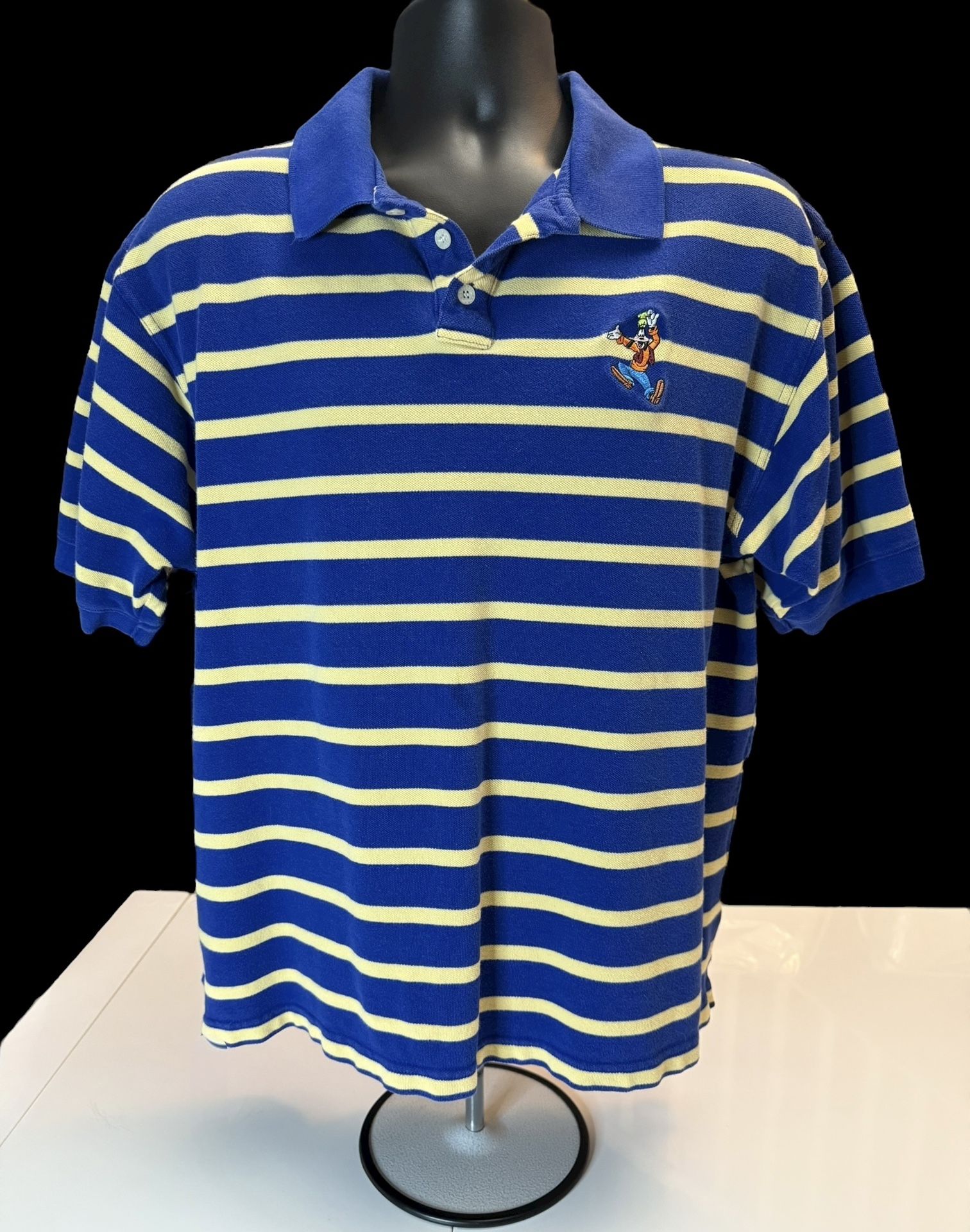 Vintage Disney Store Goofy Polo Shirt Blue Yellow Stripe XL 90s Embroidered Logo