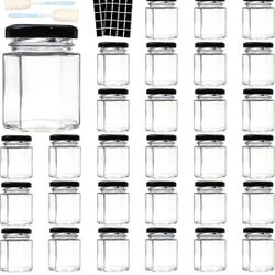 3 OZ Mini Hexagon Glass Jars, 30 Pack Empty Honey Jars Small Spice Jars with Black Lids, Sponge Brushes and 40pcs Labels for Jam, Homemade Projects, G