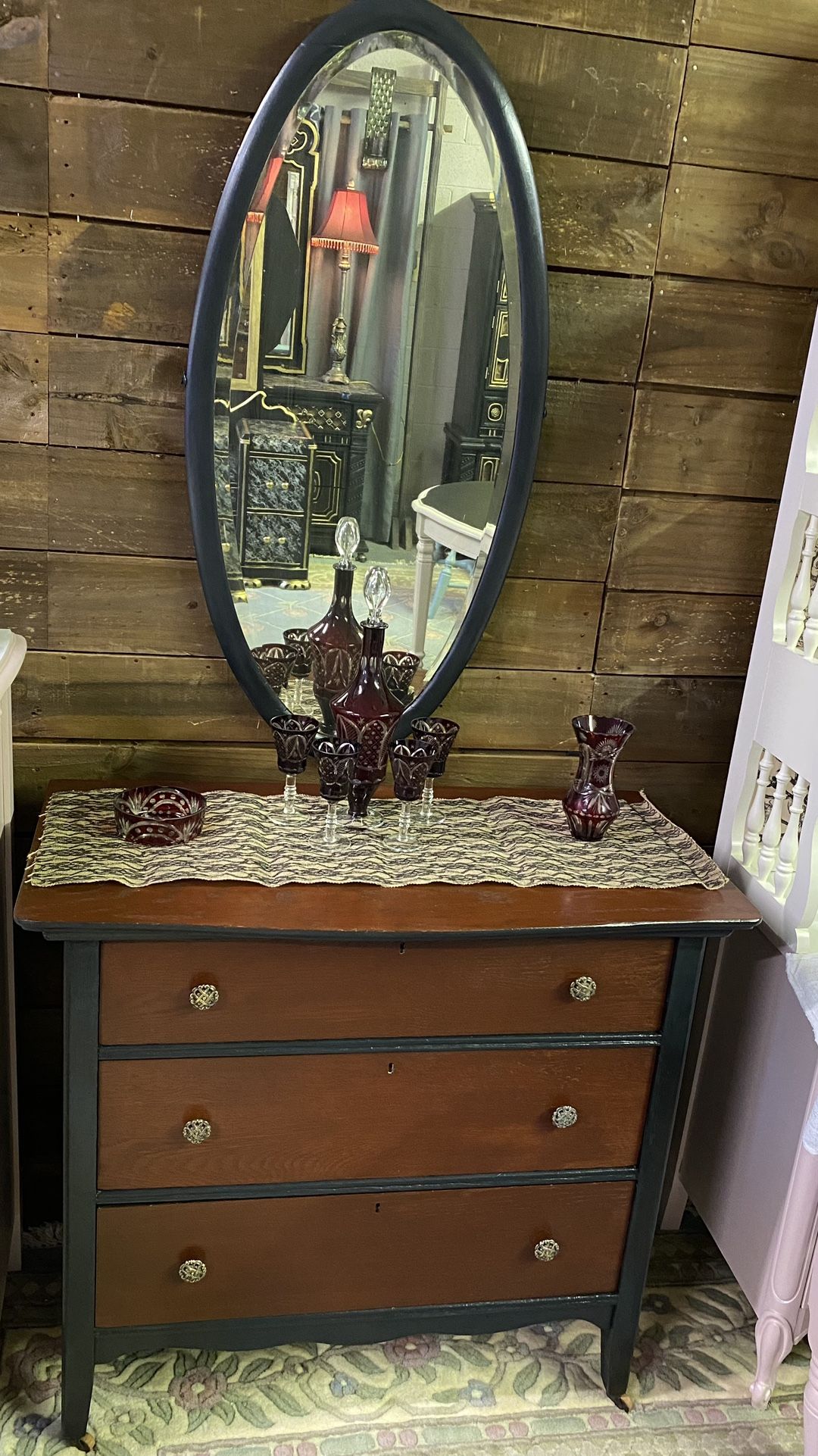 Two Piece Antique Three Drawer Dresser or A Side Board  With Antique Mirror  