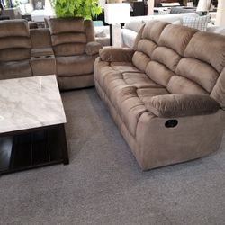 Brand New Brown Linen Manual Reclining Sofa + Loveseat With Cuo Holders