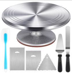Aluminium Cake Turntable Set, Baking Tools with Revolving 12" Cake Stand for Decorating, 12.7" Offset Spatula, 3 Stainless Steel Frosting Icing Smooth