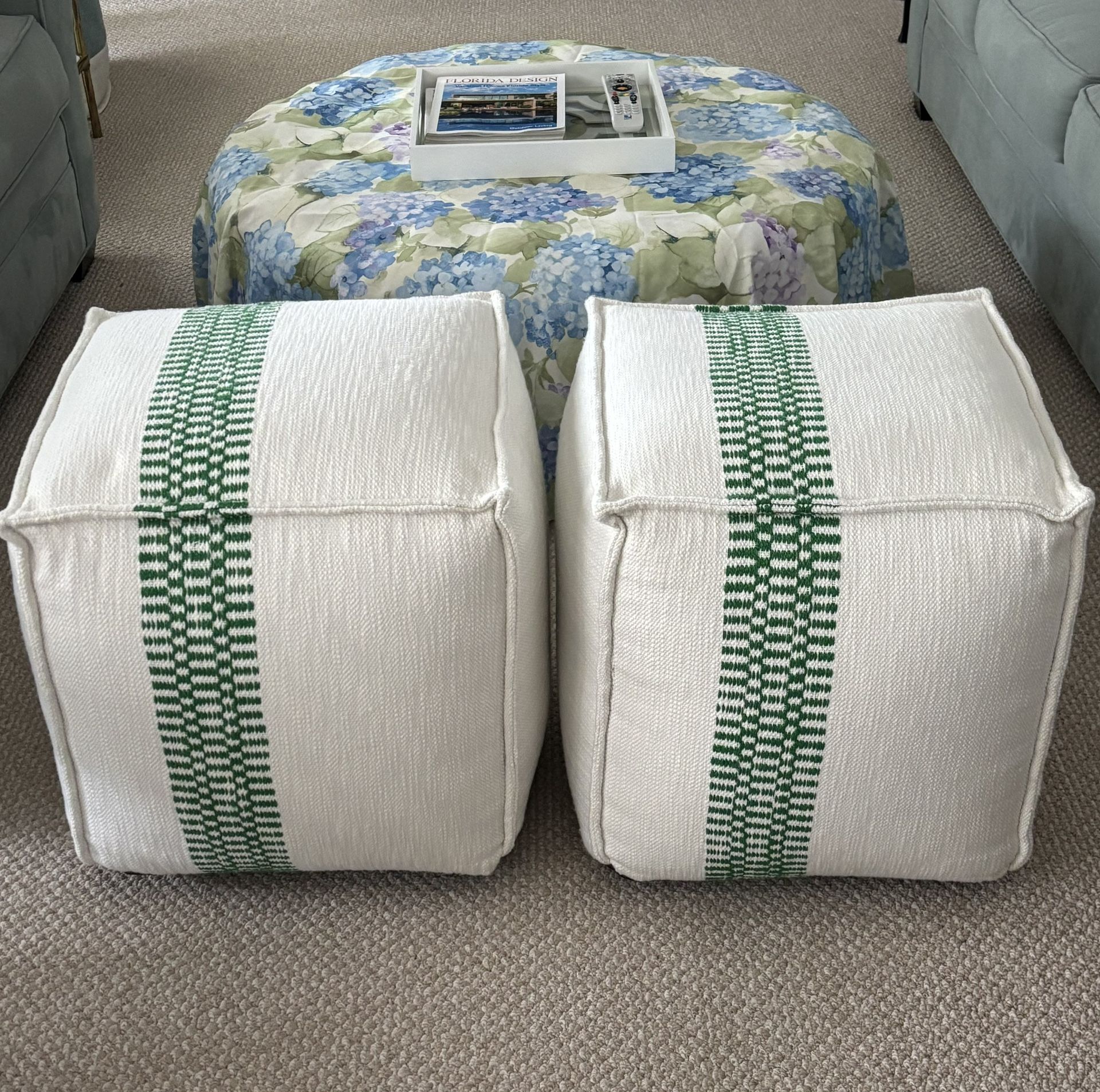 Set of 2 White and Green Indoor/Outdoor Pouf Stool Ottomans