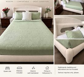 White Upholstered Queen Bed Frame and nighstands