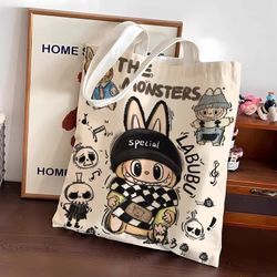 Labubu Cartoon Shopping Bag - Canvas Tote Bag for Students, New Style, Commuter-Friendly, Single-Shoulder, Large Capacity