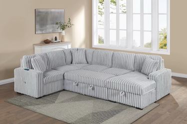 4-Piece Convertible Sectional Set Sleeper Sofa W/ Pull-Out Bed + RAF Chaise Storage + USB Port  Color: Mink Gray.    Seccional convertible en Cama Nue