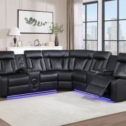 Sleek & Contemporary Power Reclining Sectional w/Bluetooth Speakers & LED Light 