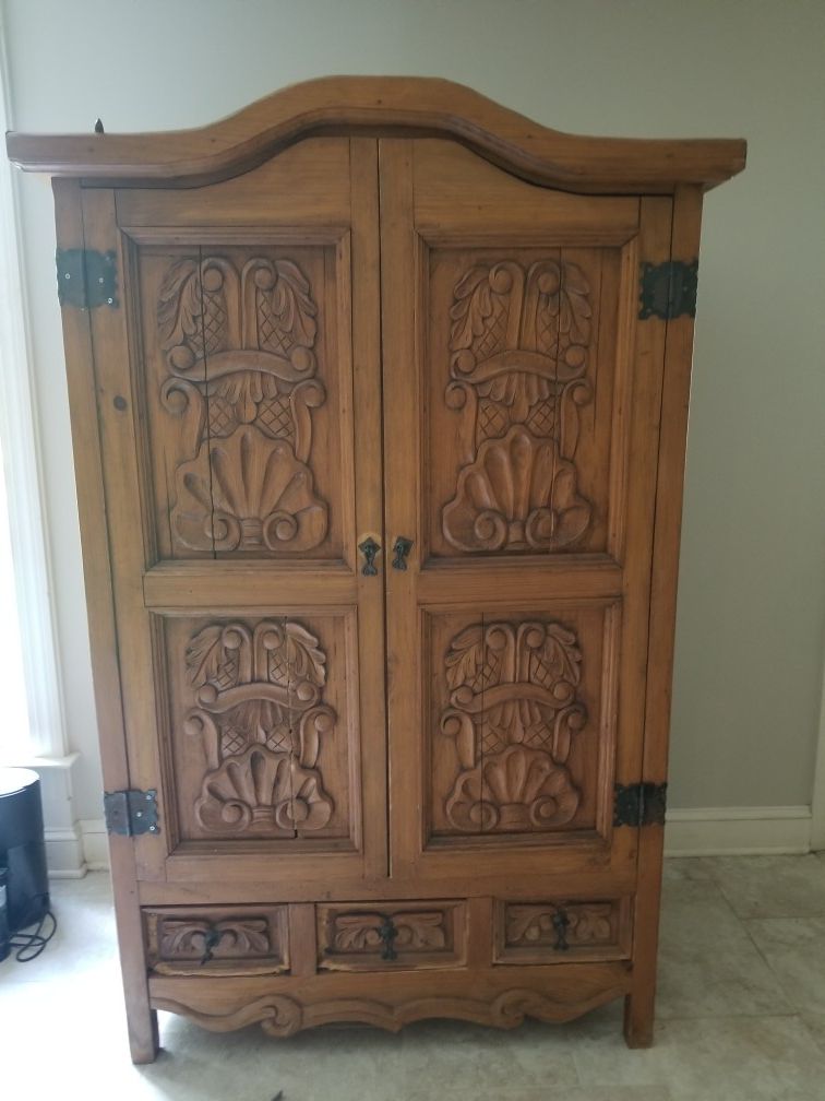 Carved rustic solid wood armoire 70+ inches tall