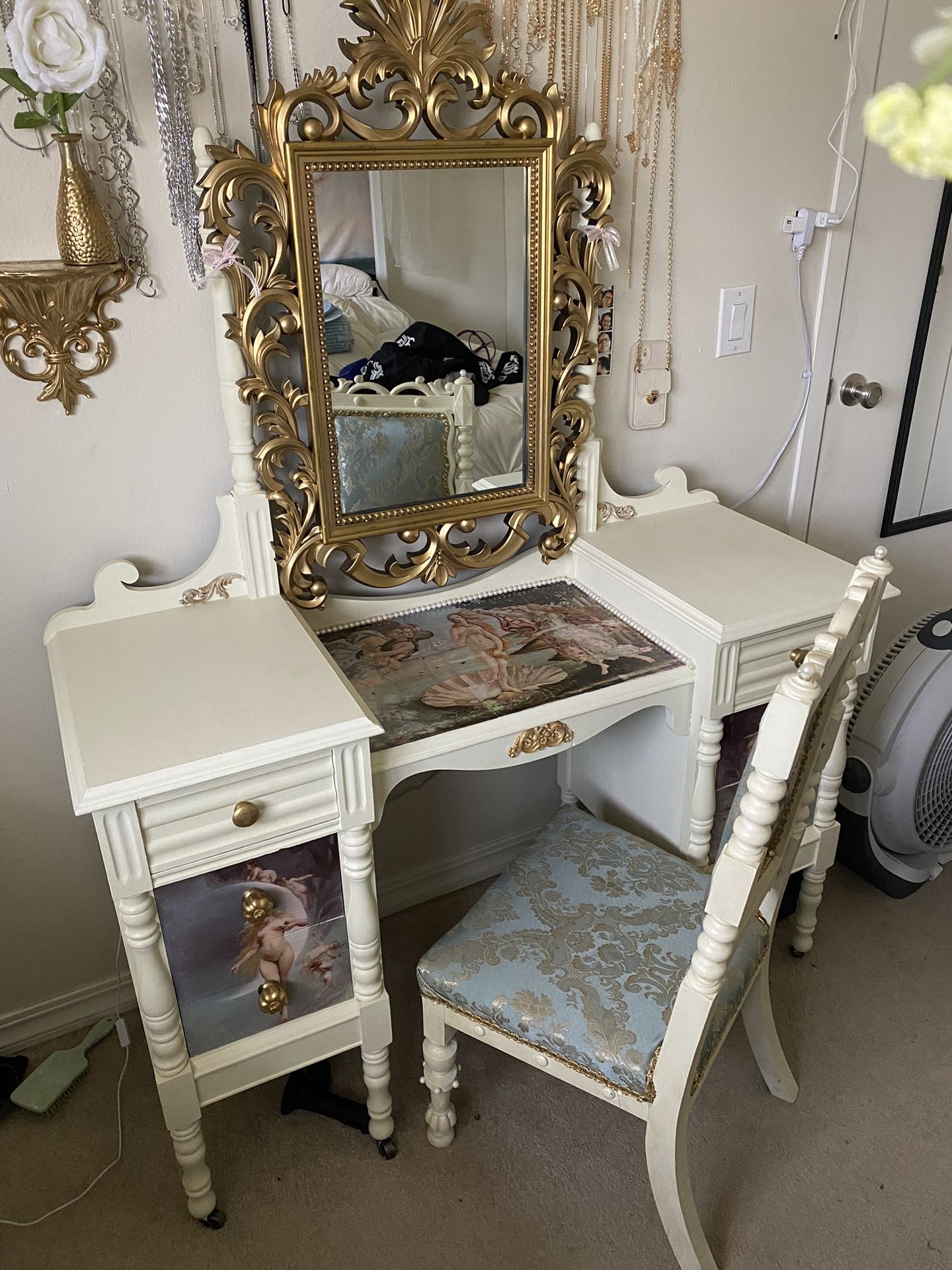 Renaissance French Provincial Birth Of Venus Vanity Desk And Chair