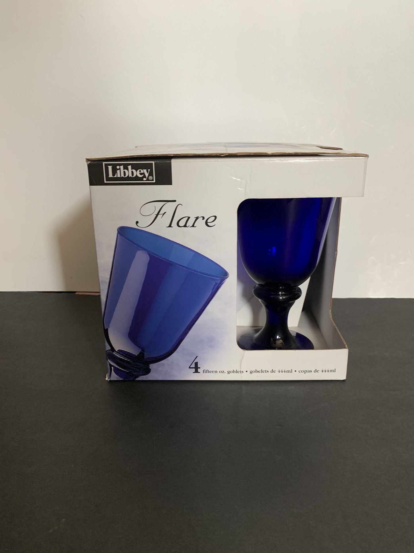 Flare Cobalt Blue Wine/Water Goblets (4 Goblets) by Libbey Glass Company 16  oz 7 by 3 3/4 New