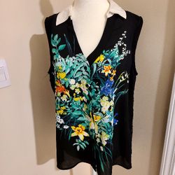 Alfani Beautiful Flowers On Black Chiffon Blouse