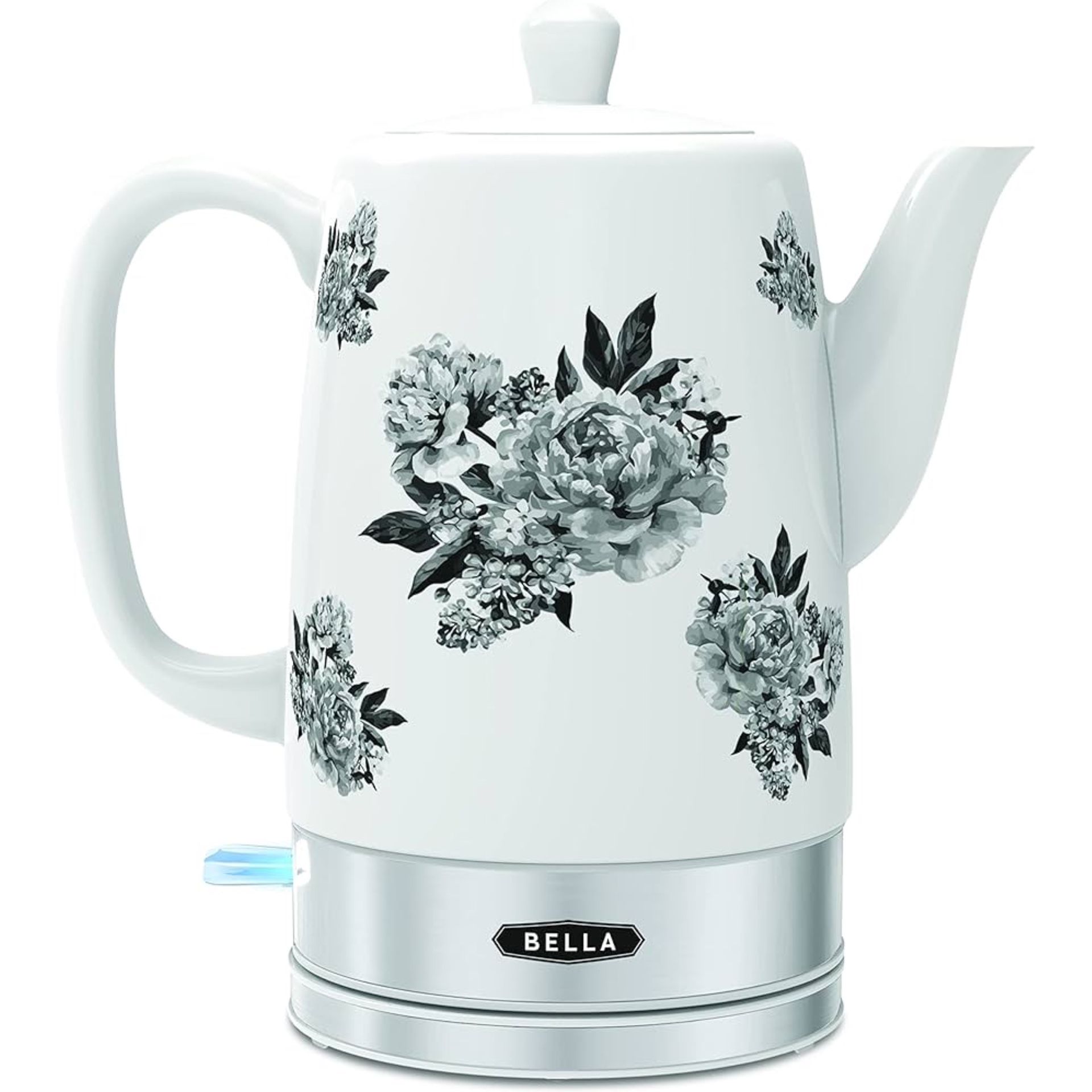 BELLA 1.5L Electric Ceramic Kettle, Black Floral New, without box, never used, has a very small chip on the lid, see pics please, does not interfere