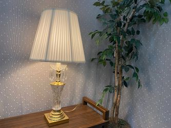 Vintage Hollywood Regency Style Glass and Brass Table Lamp with Crystal Teardrop Accents