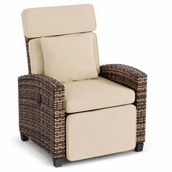 Outdoor Rattan Recliner Chair with Cushion, Adjustable Patio Lounge Chair with Footrest, Flip-Up Side Table & 145° Reclining Backrest for Porch, Balco