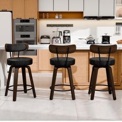 26'' Swivel Bar Stools Set of 3, Upholstered Faux Leather. Black