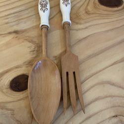 Vintage Tiki Salad Servers Fork/ Spoon Ceramic Handle