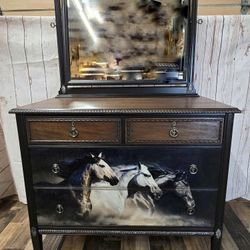 Antique Dresser With Horse Artwork 
