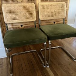 Set of 2 Olive Green Velvet / Rattan Dining Chairs
