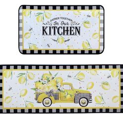 Lemon Kitchen Rugs,Non Skid Washable Microfiber mats for Kitchen Floor, Lemon Truck Theme Kitchen Cushioned Runner Rug Decor Sets of 2 Pieces,17"x 47"