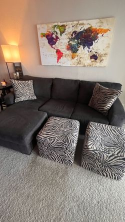 Dark Gray Sectional Sofa with Zebra Print Ottomans