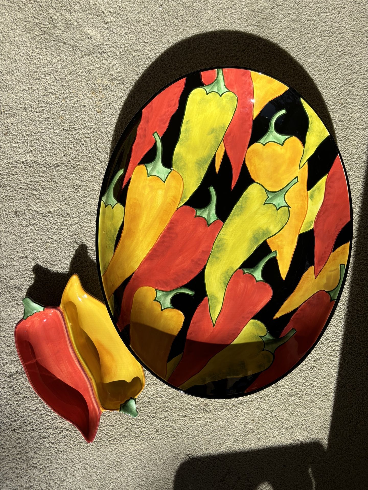 Clay Art Hand Painted Caliente large Platter Tray stone-lite 17" x 13.5" peppers